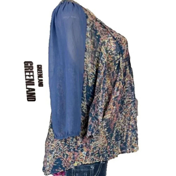 BCBGeneration S Blue Semi-Sheer Print Button Down Step-Hem 3/4 Sleeve Blouse - Picture 4 of 5